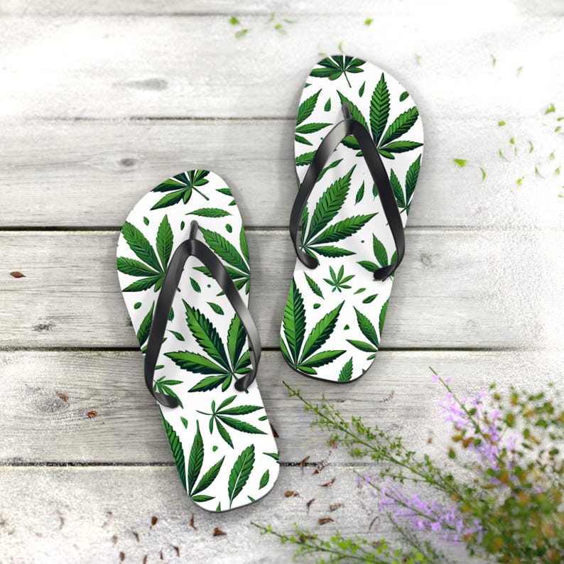 High Tide Flip Flops | Cannabis Leaf Sandals | Weed Print Beach Sandals | 420 Summer Footwear | Marijuana Flip Flops | Poolside Slides image 4