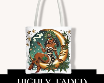 Stor tygväska med texten Stoned Under The Stars | Toteväska med texten Celestial Stoner Girl | Shoppingväska med texten 420 | Gåva för cannabisälskare | Pothead