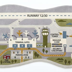 Puede incluir: Una alfombra gris de forma irregular con un mapa de aeropuerto impreso. El diseño incluye una pista etiquetada como RUNWAY 12/30, puertas de embarque A, B y C, una torre de control, zona de recogida de equipajes, seguridad y aparcamiento.