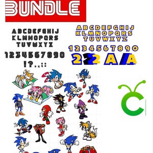 May include: A collection of Sonic the Hedgehog graphics, including characters, fonts, and the words "SONIC BUNDLE" in a bold, colorful design. The image features various poses of Sonic and other characters.