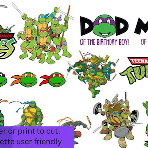 May include: A collection of Teenage Mutant Ninja Turtles graphics, including the logo, individual turtle faces, and group illustrations. Text includes "Dad of the Birthday Boy" and "Mom of the Birthday Boy."