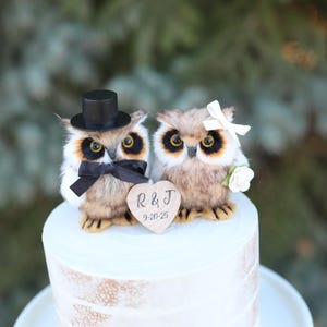 May include: A white cake with a brown owl couple topper. The owls are wearing a top hat and a white bow. The cake is decorated with a heart-shaped sign that says "R&J 9-20-25".