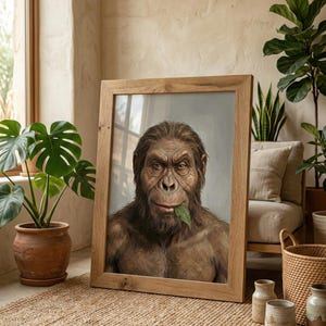 Hominid Portrait Print | Prehistoric Man with Leaf (Digital Download)