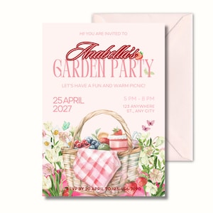 May include: A pink garden party invitation featuring a picnic basket illustration with fruit and cake. The text reads "Arabella's Garden Party", with the date, time, and location details. The invitation is in a pink envelope.