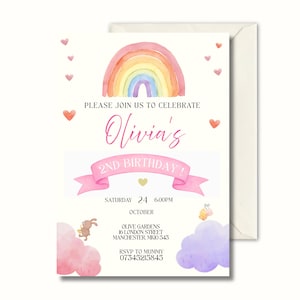 May include: A pastel-coloured birthday invitation featuring a rainbow and hearts. The invitation says "Please join us to celebrate Olivia's 2nd Birthday!" with event details and an RSVP number.