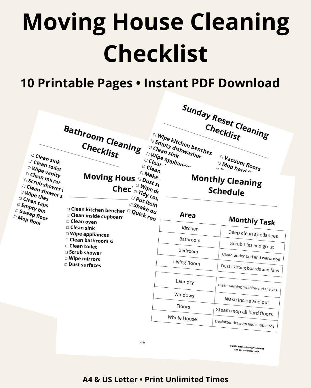 Moving House Cleaning Checklist Printable PDF End of Lease Cleaning ...
