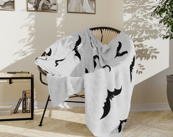 Gothic Bat Minky Blanket, White & Black Velveteen Bedding
