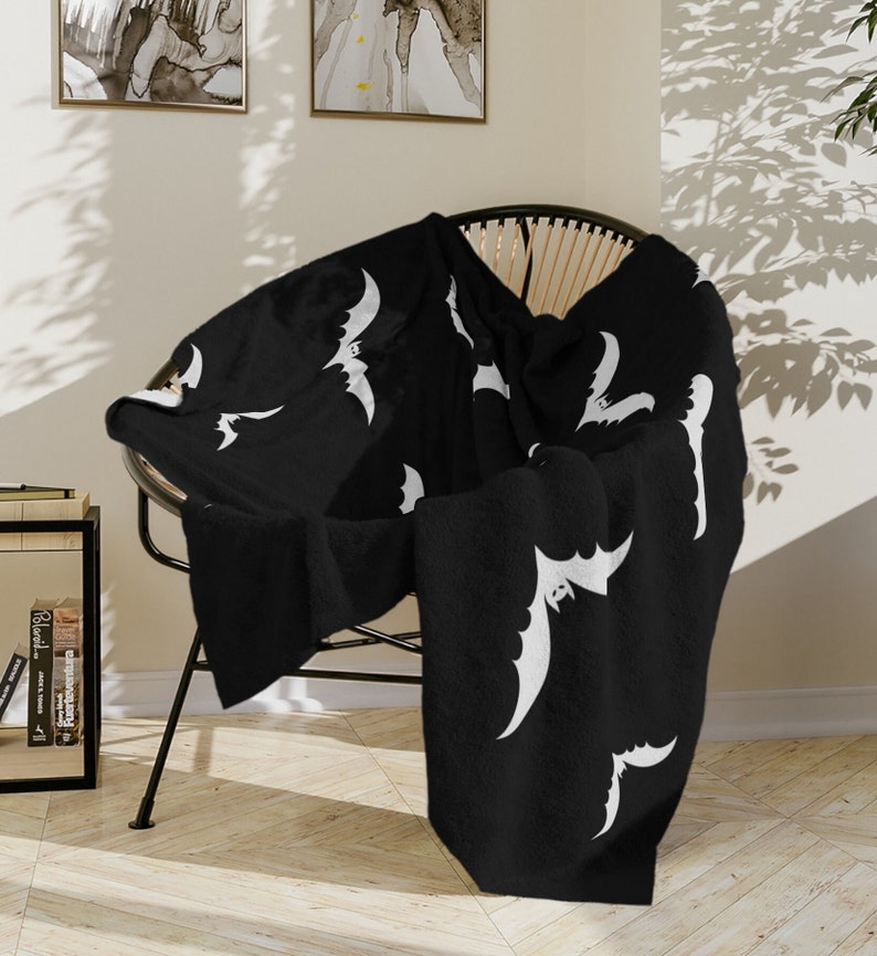 Bat Print Gothic Velveteen Minky Blanket Spooky Blanket image 1