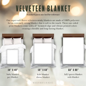 May include: Three white velveteen blankets on beds of different sizes, showing the size options for baby, kids, and full/queen. The text reads "Velveteen Blanket" and "Standard queen size bed for reference". The sizes are 30" x 40", 50" x 60", and 60" x 80".