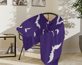 Purple & White Bat Print Gothic Velveteen Minky Blanket Spooky Blanket