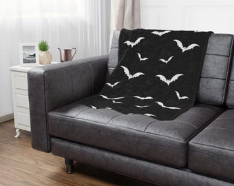 Coperta Minky con motivo pipistrello bianco / Coperta pipistrello nero di Halloween