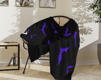 Purple & Black Bat Print Gothic Velveteen Minky Blanket Spooky Blanket