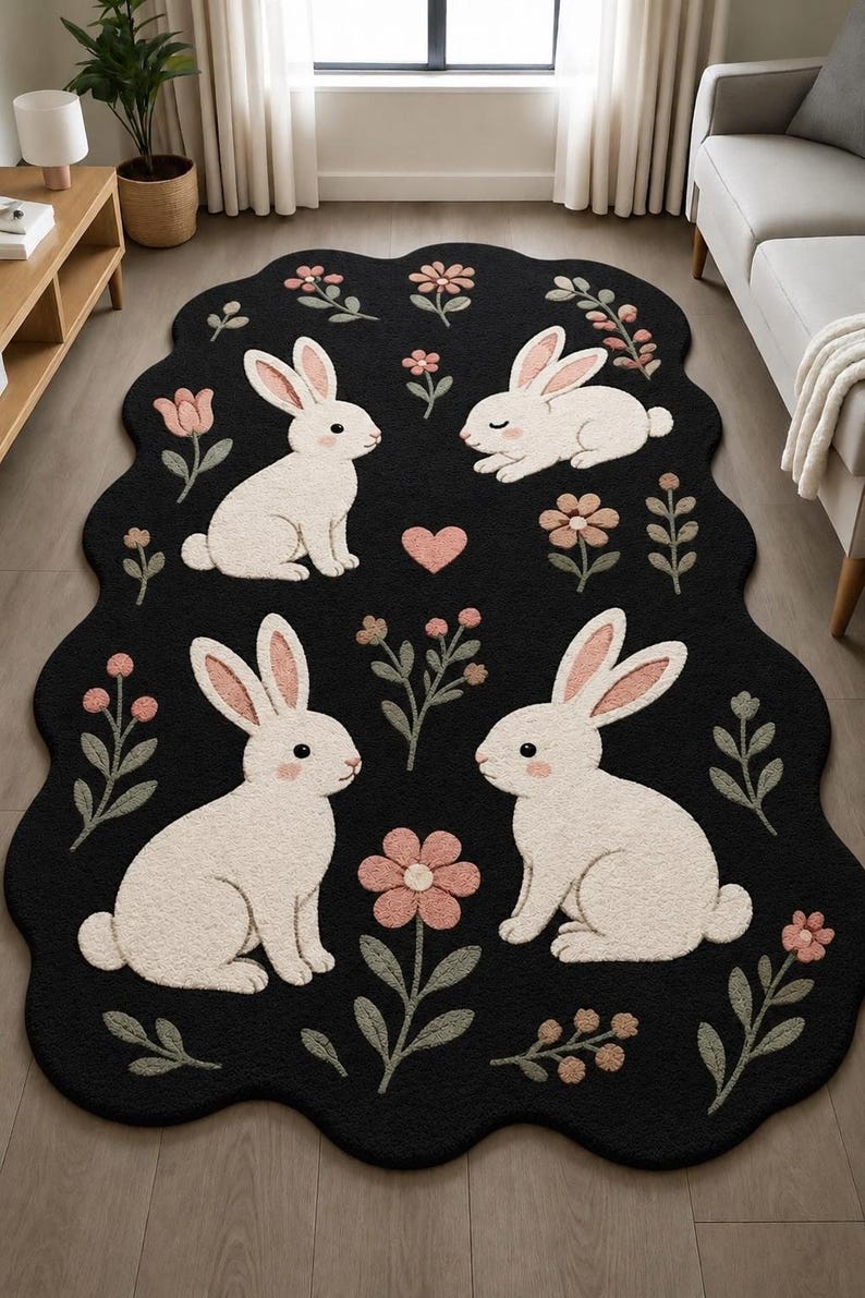 Black Floral Bunny Tufted Rug, Kawaii Rabbit Scalloped Carpet, Nursery ...