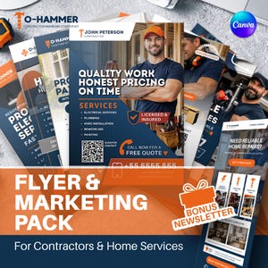 May include: A marketing pack for contractors and home services, featuring flyers and a bonus newsletter. The design includes a professional image of a contractor, with text that reads "Quality Work, Honest Pricing, On Time."