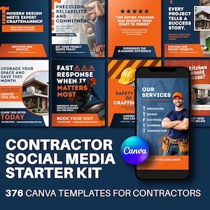 Puede incluir: Un kit de marketing digital para contratistas que incluye 376 plantillas de Canva. La colección presenta varios diseños de publicaciones para redes sociales con esquemas de color naranja y azul oscuro, imágenes de construcción y texto.