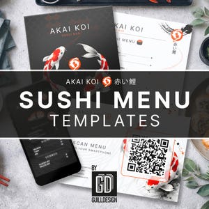 Szablon menu sushi w pakiecie Canva, edytowalne menu restauracji, menu baru sushi, menu QR, minimalistyczne menu japońskie, szablon menu żywności