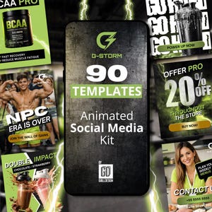 Op de afbeelding: Een promotieafbeelding voor een fitnessmerk, met een centrale afbeelding met de tekst "G-Storm 90 Templates Animated Social Media Kit." Omringende afbeeldingen tonen fitnessproducten, aanbiedingen en een gespierde man. Het kleurenschema is voornamelijk groen en zwart.