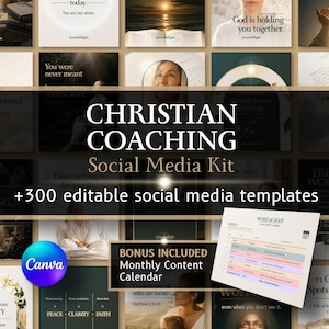 Puede incluir: Imagen promocional para un kit de redes sociales de coaching cristiano. La imagen presenta una cuadrícula de plantillas de redes sociales, un logotipo de Canva y un calendario de contenido mensual. El texto incluye "+300 plantillas de redes sociales editables".