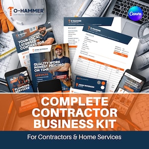 Puede incluir: Un kit completo de negocios para contratistas con materiales de marca, que incluye un casco, facturas, recibos, tarjetas de visita y folletos promocionales. El kit presenta el logotipo "TO-HAMMER" y el texto "COMPLETE CONTRACTOR BUSINESS KIT" y "For Contractors & Home Services".