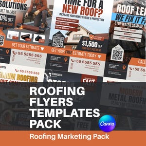 Puede incluir: Una colección de plantillas de folletos de marketing para techado con varios diseños, texto como Time for a New Roof, e imágenes de casas residenciales y trabajos de techado. El diseño incluye esquemas de color naranja, negro y blanco con códigos QR.