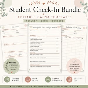 Può includere: Un pacchetto di check-in per studenti con modelli Canva modificabili che include tre moduli distinti: un ticket di uscita, una riflessione di autovalutazione della partecipazione e un foglio di uscita per il bagno, con testo marrone.