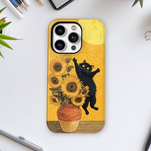 May include: A phone case featuring a black cat reaching for sunflowers in a vase, set against a yellow background with a full moon. The design is reminiscent of Van Gogh's style, with a wooden table base.