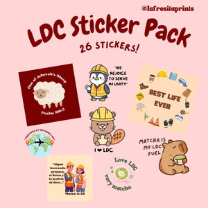 May include: A sticker pack with the text "LDC Sticker Pack" and "26 Stickers!" on a pink background. The stickers feature illustrations of a sheep, penguin, beaver, and capybara, along with text like "Best Life Ever" and "Matcha is my LDC Fuel."