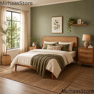 May include: A bedroom set featuring a wooden bed frame with a woven rattan headboard, two matching three-drawer nightstands with rattan fronts, a beige duvet, a dark green throw blanket, and decorative pillows against a sage green wall.