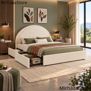 May include: A cream-colored upholstered bed frame with a large arched headboard and integrated storage drawers in the base. The bed is dressed with a green quilt, a textured throw blanket, and several pillows, including a central white lumbar pillow.