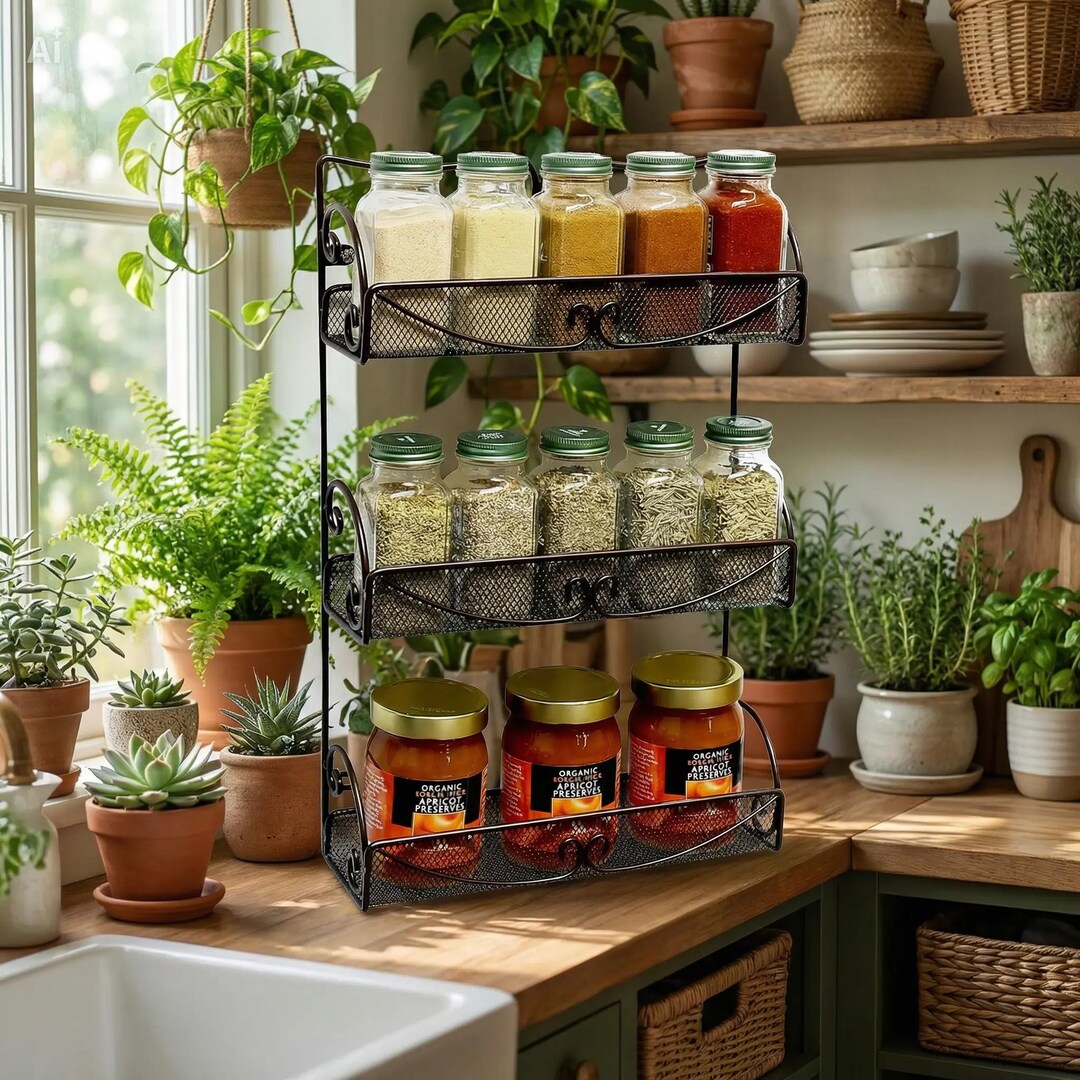 3 Tier Wall Mounted Spice Rack Bronze | Hanging Kitchen Organizer - Etsy