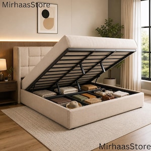 Estructura de cama metálica con sistema de almacenamiento hidráulico a gas / Cama con amplio espacio de almacenamiento oculto / Cama con almacenamiento elevable / Cama tapizada / Decoración de dormitorio