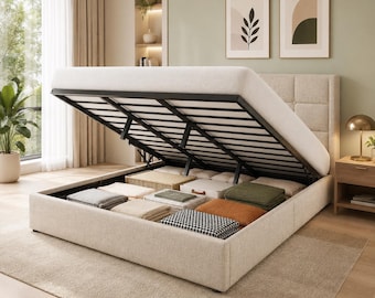 Metal Beige Lift Up Storage Bed Frame | Heavy Duty Hydraulic Gas Lift Under bed Space | Handmade Headboard | Bedroom Furniture | Room Decor