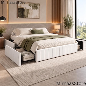 Estructura de cama tipo plataforma tapizada en terciopelo / Estructura de cama de madera / Estructura de cama con 4 espacios de almacenamiento / Cama resistente / Estructura de cama de estilo moderno de mediados de siglo