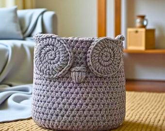 Handgemachter gehäkelter Eulen-Korb - grauer Garn-Aufbewahrungskorb, gemütliches Weihnachtsdekor