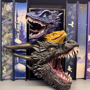 Three Dragon Book Nook | 3D Printed Fantasy Bookshelf Decor | Dragon Fire Bookshelf Insert | Book Lover Gift | Dragon Shelf Display