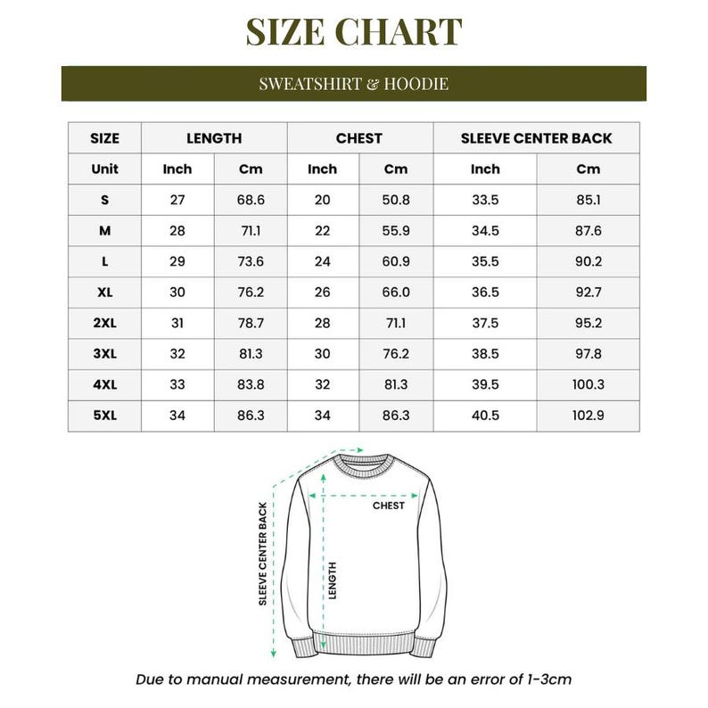 Peut inclure: Un tableau des tailles pour les sweat-shirts et les sweats &agrave; capuche, avec des mesures en pouces et en centim&egrave;tres. Le tableau comprend les tailles S &agrave; 5XL, d&eacute;taillant les mesures de la longueur, de la poitrine et du dos du centre de la manche. Un sch&eacute;ma illustre les points de mesure.