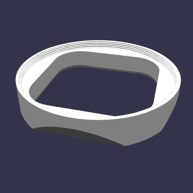 May include: A white, rounded rectangular lens hood with a smooth, matte finish. The accessory features a wide, open center and a series of fine, concentric circular ridges along the top inner edge, designed for attachment to a camera lens.