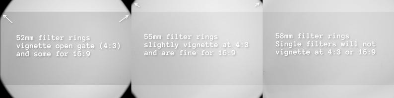 May include: Three side-by-side grayscale panels showing camera filter ring vignetting. Left: 52mm filter rings vignette open gate (4:3) and some for 16:9. Center: 55mm filter rings slightly vignette at 4:3 and are fine for 16:9. Right: 58mm filter rings.