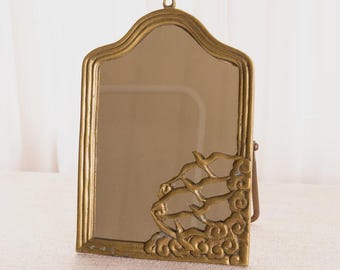 Vintage Brass Vertical Standing Kickstand Mirror with Bird Details