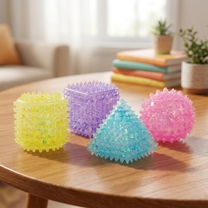 May include: Four colourful, spiky sensory toys in yellow, purple, blue, and pink sit on a wooden table. The shapes include a cube, a pyramid, and a sphere. The toys have a translucent, textured appearance.