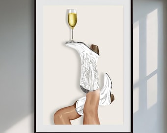 Champagne Cowgirl Wall Art | White Boots Champagne Print | Western Glam Decor