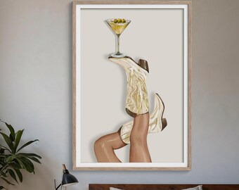 Martini Cowgirl Wall Art | Beige Cowgirl Boot Digital Print | Cocktail Collection
