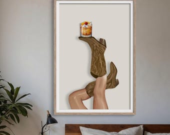 Bourbon Cowgirl Wall Art | Brown Cowgirl Boots | Old Fashioned Print | Glam Collection
