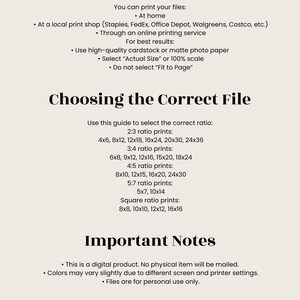 May include: A digital print guide with instructions on how to print artwork. The guide includes information on print ratios, such as 4x6, 8x12, and 12x18 inches, and important notes about the product.