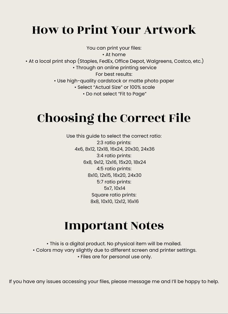 May include: A digital print guide with instructions on how to print artwork. The guide includes information on print ratios, such as 4x6, 8x12, and 12x18 inches, and important notes about the product.