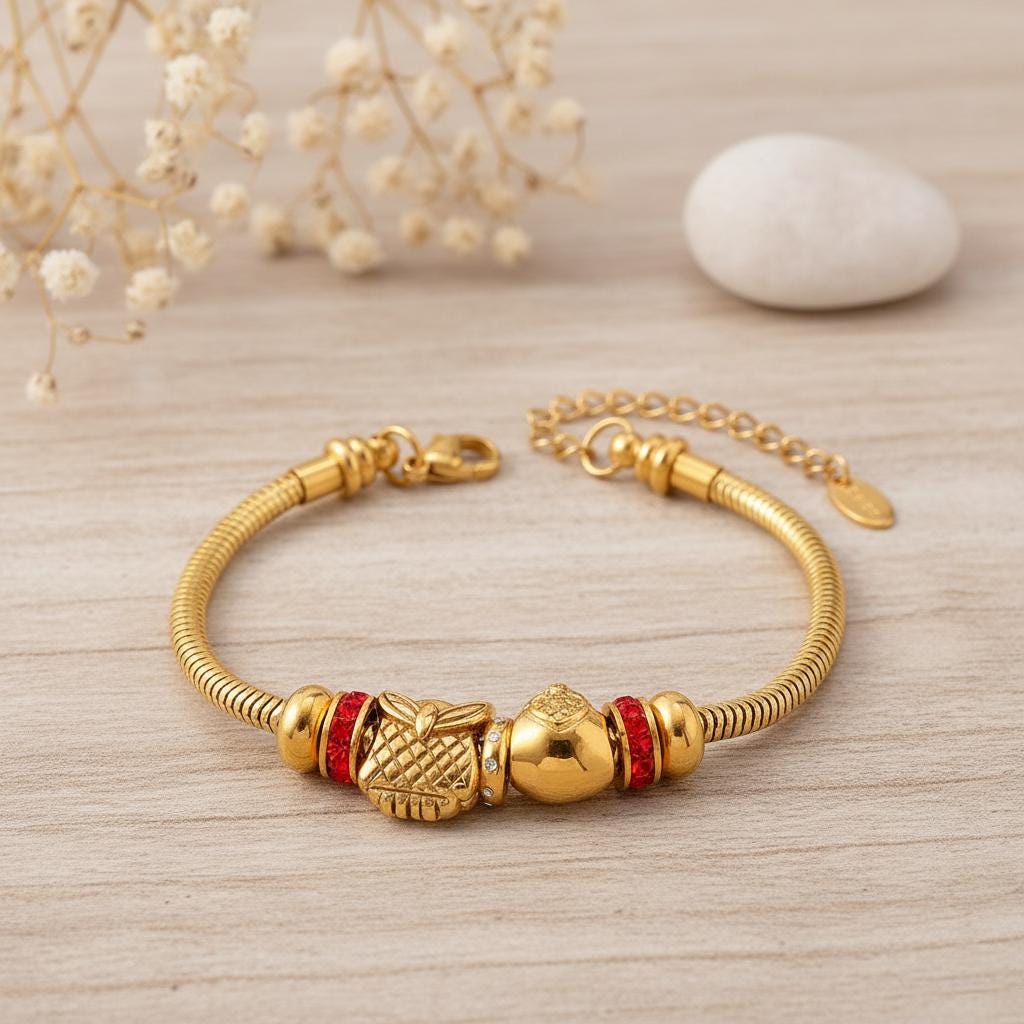 Gold Tone Snake Chain Bracelet with Owl & Heart Charms, Red Crystal Beaded Bracelet, Elegant Jew