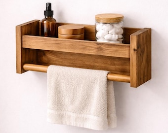 Wooden Bathroom Shelf with Towel Bar – Wall Mounted Organizer for Small Spaces