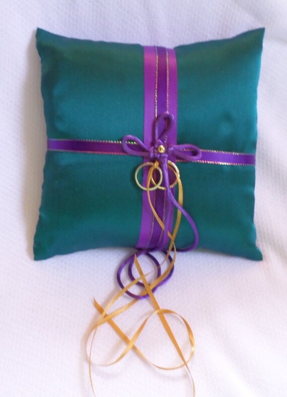 Teal Shinny Satin With Purple And Gold Ribbon Ring Pillow Etsy
