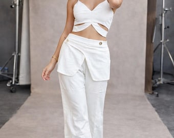 Women’s Stylish Co-Ord Set | Twist Front Crop Top with Flared Pants | Party Wear Two Piece Outfit | Trendy Summer Set for Women |