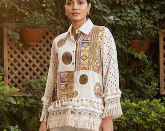 Boho Patchwork Cotton Set, Embroidered Shirt & Wide Leg Trousers, Cotton Comfortable Sets For Women, Dress For Her